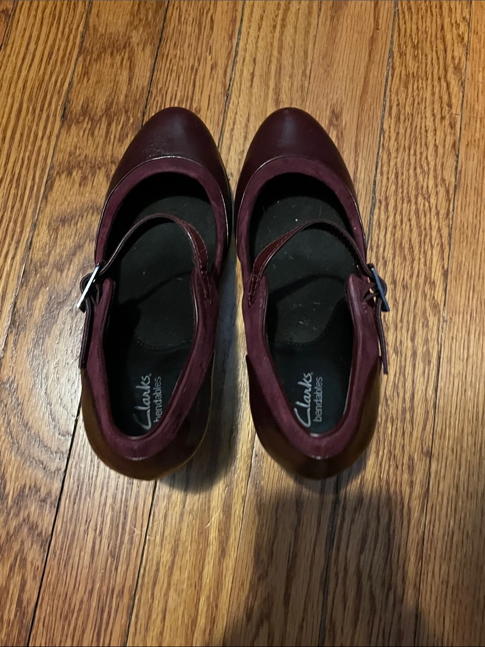 Clarks Wine Leather Mary Jane Flats with Buckle